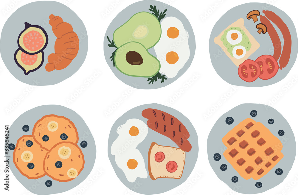 Simple hand drawn sketch of different breakfast on plate. Food illustration. Sketch style. Simple hand drawing. Simple hand drawn sketch of different breakfast on plate. Food illustration. Sketch style. Simple hand drawing.