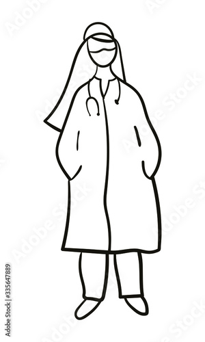 Simple vector sketch of a doctor. Doodle style, outline woman. Doctor, paramedic, medical worker for web, posters.