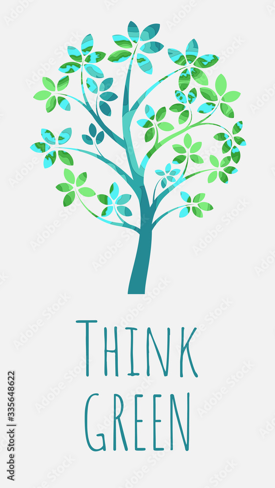 Obraz premium Vector banner. Concept: earth day, think green. Silhouette of a tree with a planet inside, abstraction of the earth, in paper art style.