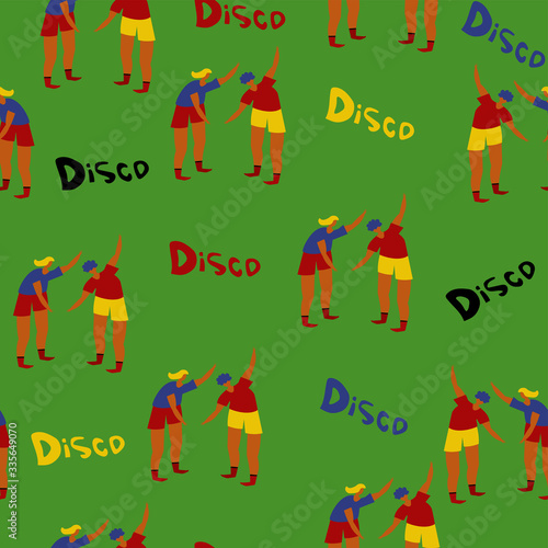 Dancing couple at the disco in vector. Modern seamless pattern for greeting cards, packaging, decorative paper, school notebooks, website, textiles, fashion, souvenirs. Bright colors.
