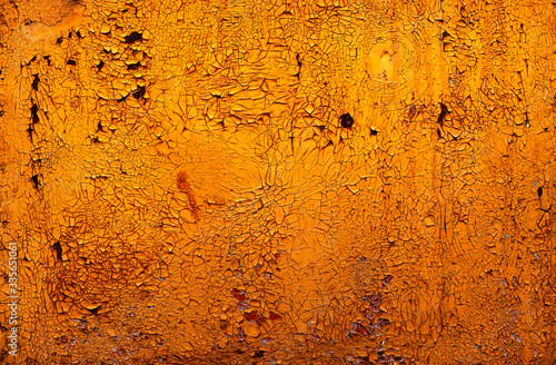Iron texture or background with rusty peeling yellow paint. High contrast and resolution image with place for text. Template for design