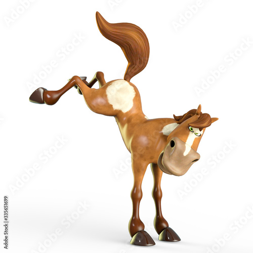 horse cartoon is a little bit angry and kicking on white background