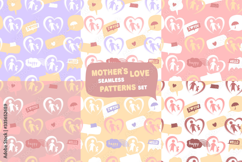 Mother`s love seamless patterns set with hearts and parent with child