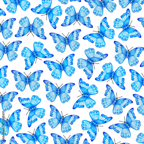 Watercolor pattern with butterflies in blue. Suitable for paper, packaging, fabric.