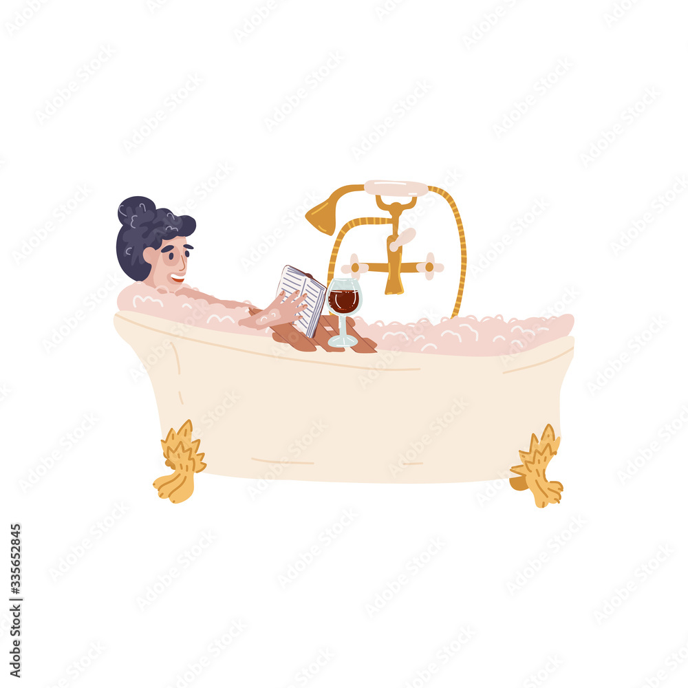 Glamour girl in face and hair mask relaxing in vintage bath on claw foots  with bubbles,