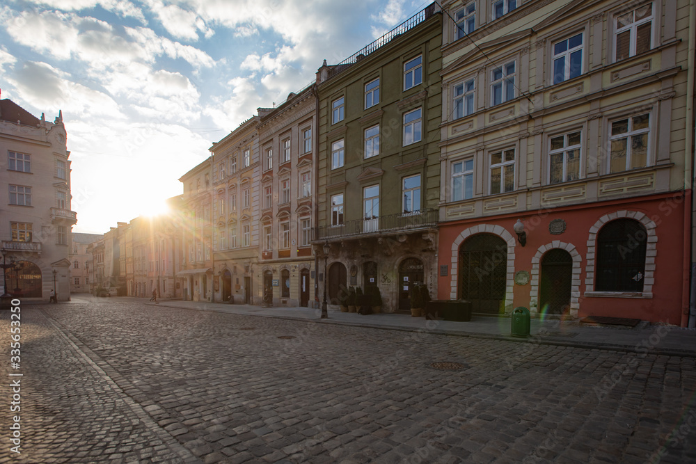 Empty Lviv streets during COVID-19 Quarantine. Market square in Lviv