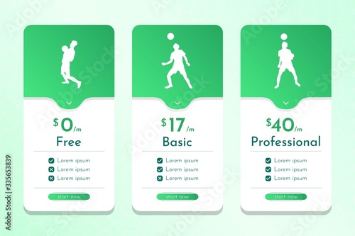 Vector illustration. Minimalistic template with footballer silhouettes at different poses. Difficulty levels. Abstract background. Design game or price table. Futuristic concept. Gradient green color 