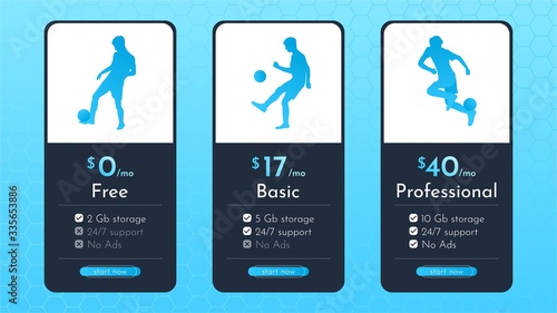 Vector illustration. Minimalistic template with footballer silhouettes at different poses. Difficulty levels. Abstract background. Design game or price table. Futuristic concept. Gradient blue color 