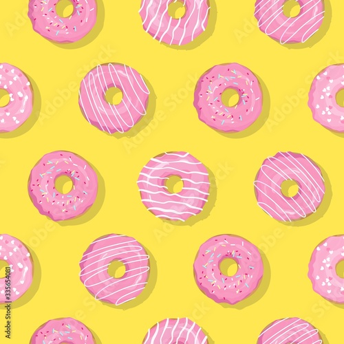 Vector trendy minimal seamless pattern with pink glaze donuts and sugar icing with deep shadow. Modern summer concept with Doughnuts on bright yellow background. Repeat sweet sunlight backdrop.
