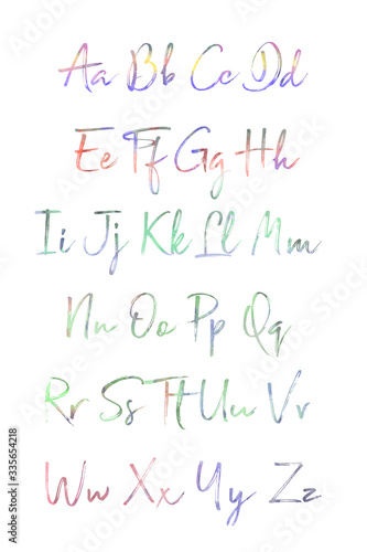 Watercolor alphabet set on white background, colorful, rainbow