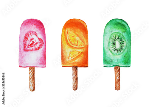 Three watercolor fruit popsicle on a white background. Hand drawn.