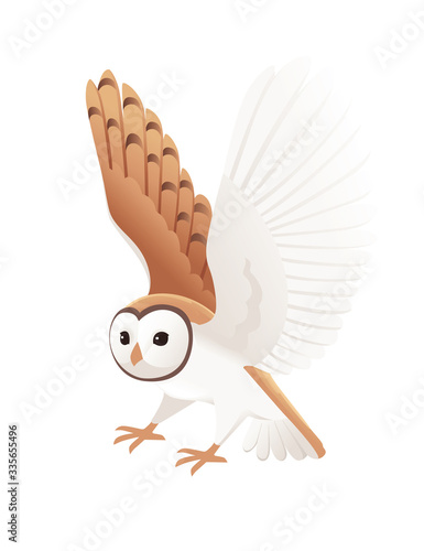 Cute flying barn owl (tyto alba) with white face and brown wings cartoon wild forest bird animal design flat vector illustration isolated on white background