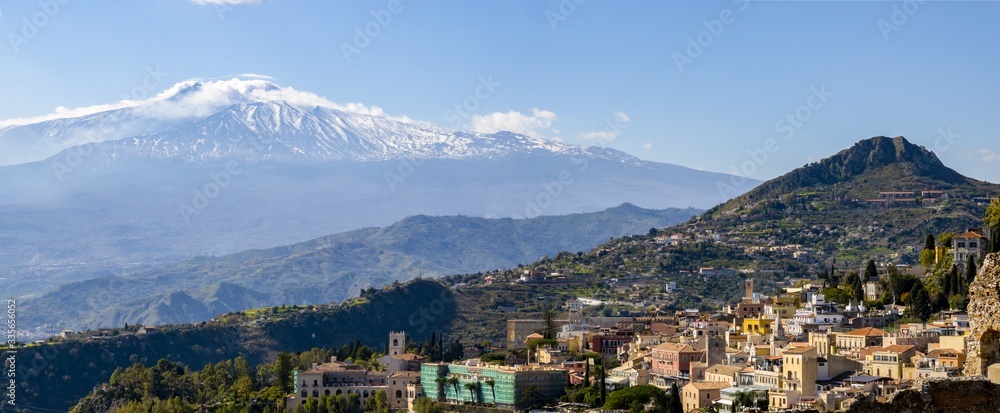 Panorama of Taormina city, Sicily, Italy with Etna volcano in background