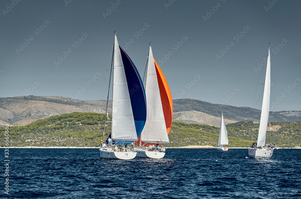 Obraz premium Sailboats compete in a sail regatta at sunset, race of sailboats, reflection of sails on water, multicolored spinnakers, number of boat is on aft boats, island is on background, clear weather
