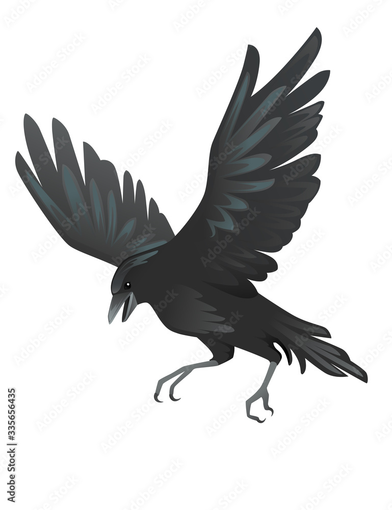 Naklejka premium Black raven bird cartoon crow design flat vector animal illustration isolated on white background