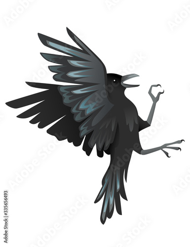 Black raven bird cartoon crow design flat vector animal illustration isolated on white background