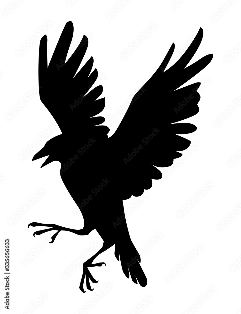 Black silhouette raven bird cartoon crow design flat vector animal illustration isolated on white background