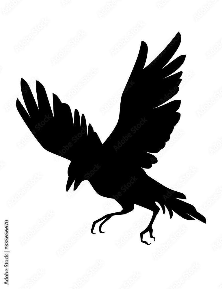Obraz premium Black silhouette raven bird cartoon crow design flat vector animal illustration isolated on white background