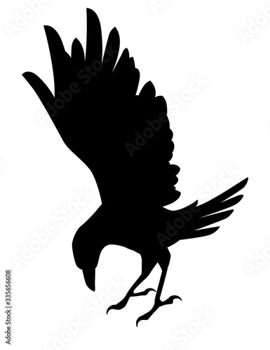 Black silhouette raven bird cartoon crow design flat vector animal illustration isolated on white background