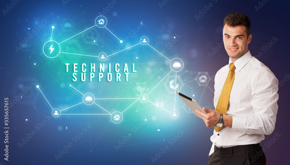 Businessman in front of cloud service icons with TECHNICAL SUPPORT inscription, modern technology concept Businessman in front of cloud service icons with TECHNICAL SUPPORT inscription, modern technology concept