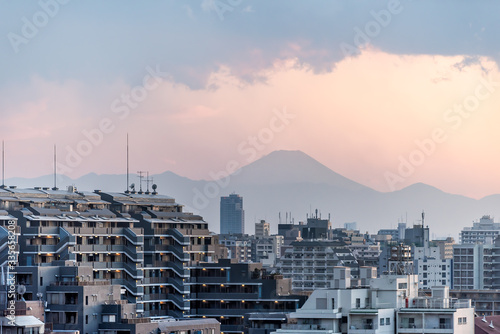 Canvas Print Pink sunset in Tokyo, Japan Shinjuku cityscape with silhouette view of Mount Fuj