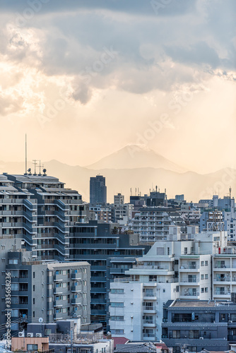 Photography Yellow sunset in Tokyo, Japan Shinjuku cityscape with silhouette view of Mount F