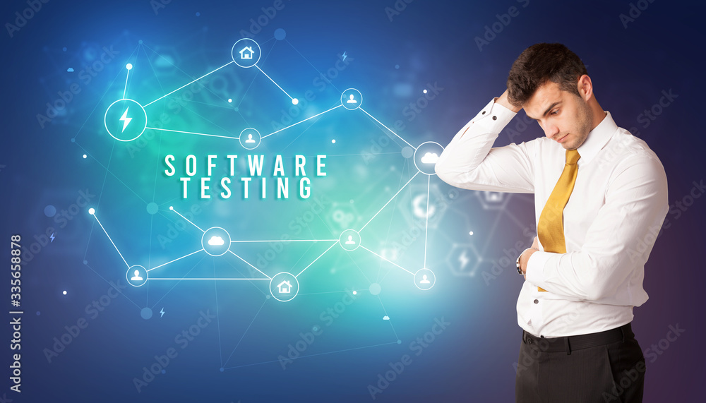 Businessman in front of cloud service icons with SOFTWARE TESTING inscription, modern technology concept Businessman in front of cloud service icons with SOFTWARE TESTING inscription, modern technology concept
