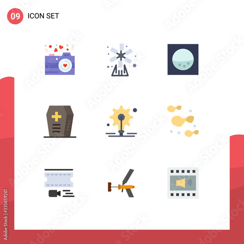 Modern Set of 9 Flat Colors and symbols such as chips, gear, windmill, bulb, halloween photo