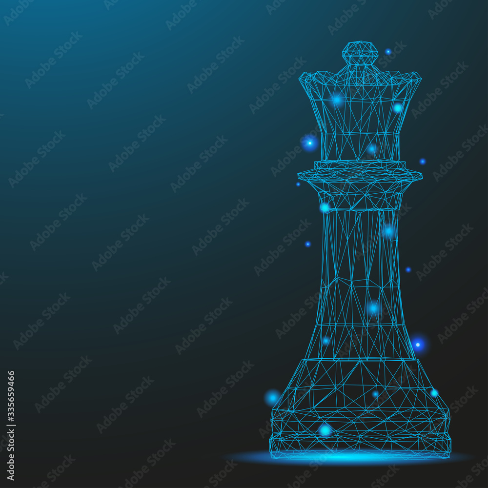 Chess piece queen consisting of points and lines. Low poly wireframe on  blue background. Creative minimal concept. Abstract illustration of a starry  sky of galaxies. Digital Vector illustration. Векторный объект Stock |