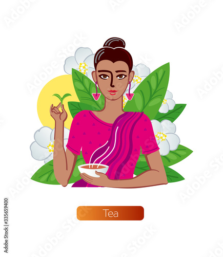 Color graphic drawing of character, women - picker of Indian tea. Vector illustration, isolated on white background, for packaging and advertising drink.
