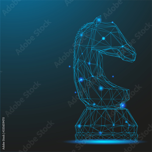 Chess piece knight consisting of points and lines. Low poly wireframe on blue background. Creative minimal concept. Abstract illustration of a starry sky of galaxies. Digital Vector illustration.