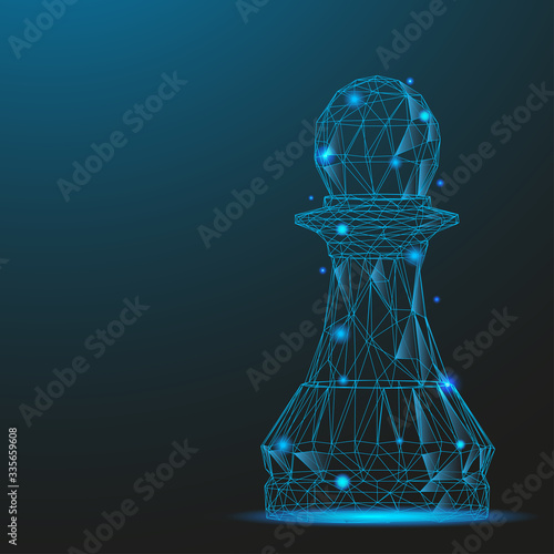 Chess piece pawn consisting of points and lines. Low poly wireframe on blue background. Creative minimal concept. Abstract illustration of a starry sky of galaxies. Digital Vector illustration. photo