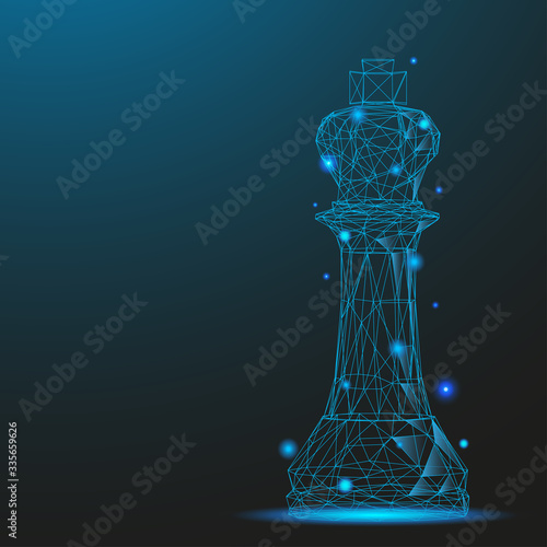 Chess piece king consisting of points and lines. Low poly wireframe on blue background. Creative minimal concept. Abstract illustration of a starry sky of galaxies. Digital Vector illustration.
