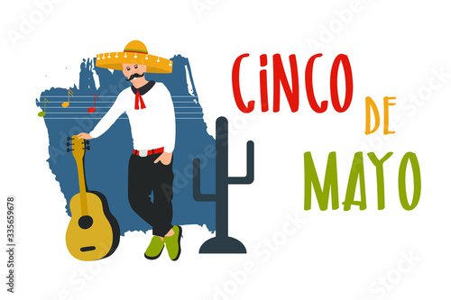 Cinco de Mayo Mexican holiday poster, banner, greeting card. Men in Mexica national hat sombrero and guitar. Vector illustration on white background