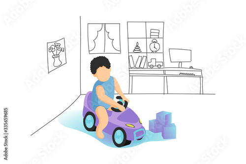 Flat and 3d style vector illustration. Line art drawing baby room and funny child on car play color block cube toy on white background. Concept for greeting card, banner, poster, flyer