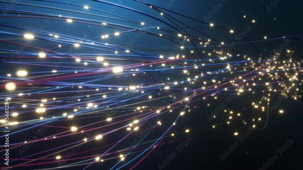 The concept of signal transmission over an optical fiber. The pulses of the signal tend along the wires. The concept of signal transmission over an optical fiber. The pulses of the signal tend along the wires.