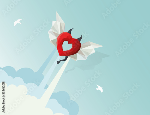Polygonal devilish heart with wings in the sky. Low poly heart among the clouds, low poly valentine's sign