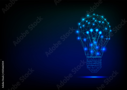 Abstract lamp bulb consisting of points, lines, and shapes. Vector business illustration. Polygon idea light bulb on blockchain technology network hud background. Low poly lamp on blue background