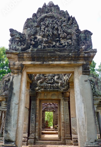 Ruins of Angkor, temple of Banteay Samré, close up of stone gate with relief, Angkor Wat, Cambodia