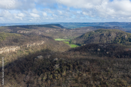A forest valley affected by bush fire in The Blue Mountains in Australia