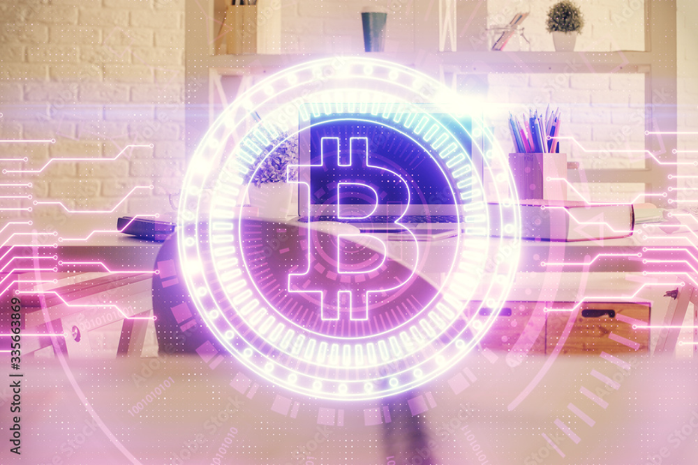 Obraz premium Double exposure of crypto technology theme drawing and office interior background. Concept of blockchain.