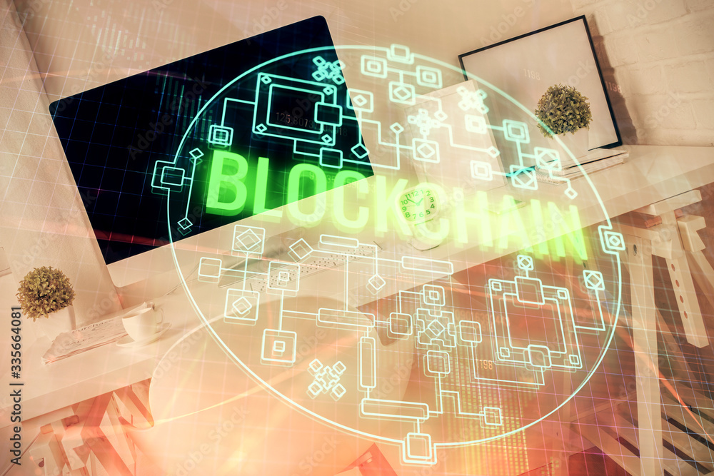 Naklejka premium Double exposure of crypto technology theme drawing and office interior background. Concept of blockchain.