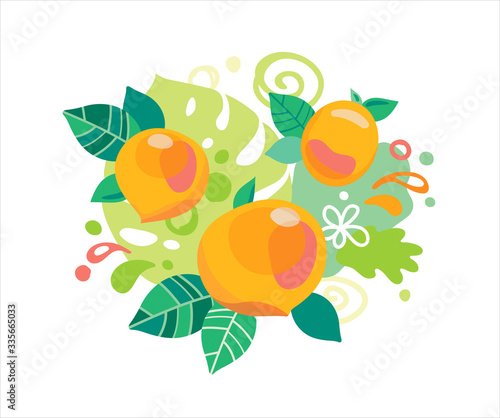 Fototapeta Naklejka Na Ścianę i Meble -  Fresh orange peaches with juice splash. Organic food fruit with abstract vector leaves and swirls illustration.