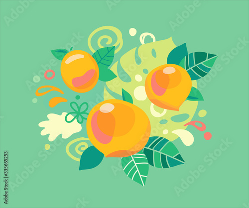 Fresh orange peaches with juice splash. Organic food fruit with abstract vector leaves and swirls illustration.