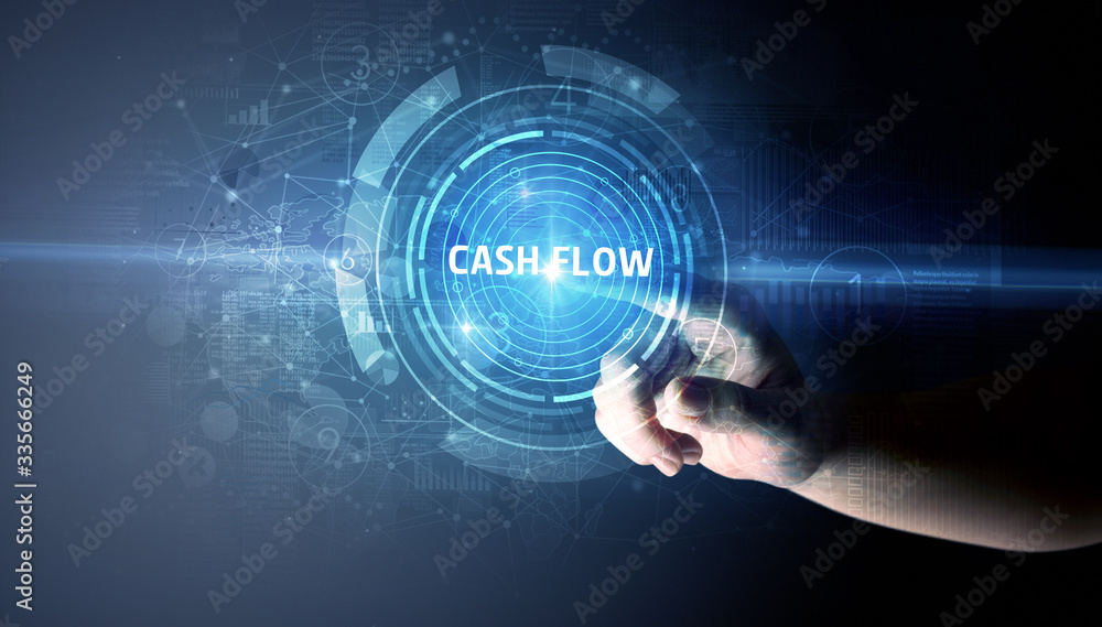 Hand touching CASH FLOW button, modern business technology concept Hand touching CASH FLOW button, modern business technology concept