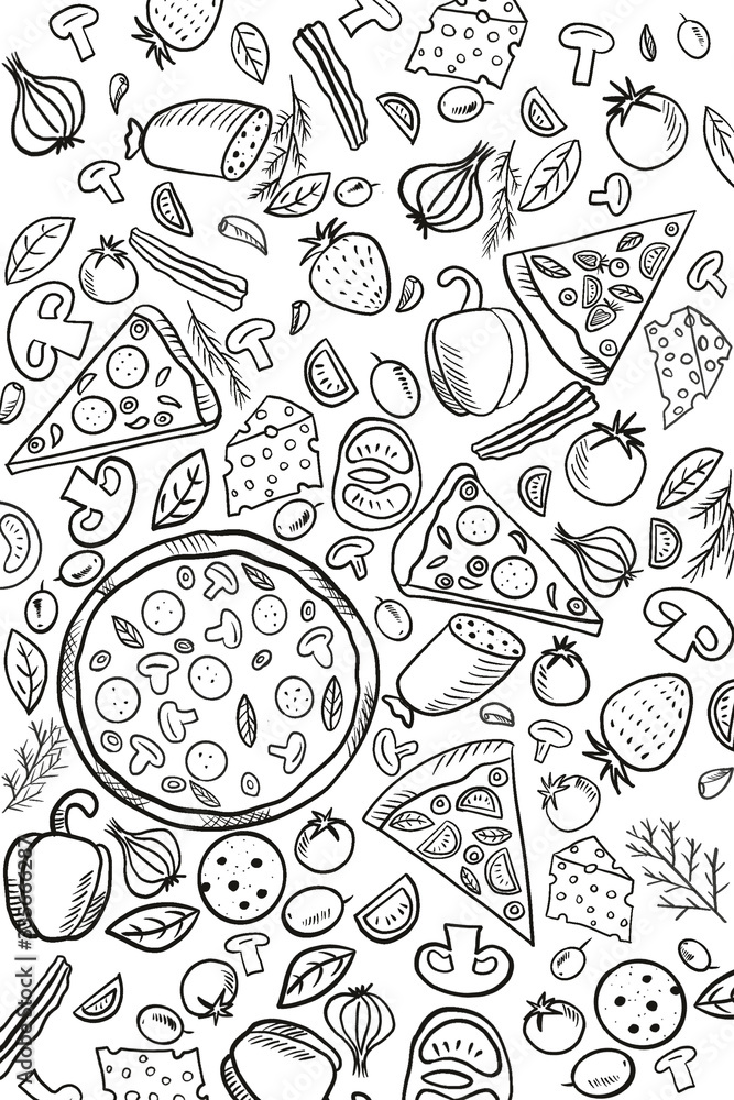 Italian black white food illustration with pizza, bacon, salami, cheese, tomato, mushrooms, strawberry, onion, garlic. Italian black white food illustration with pizza, bacon, salami, cheese, tomato, mushrooms, strawberry, onion, garlic.