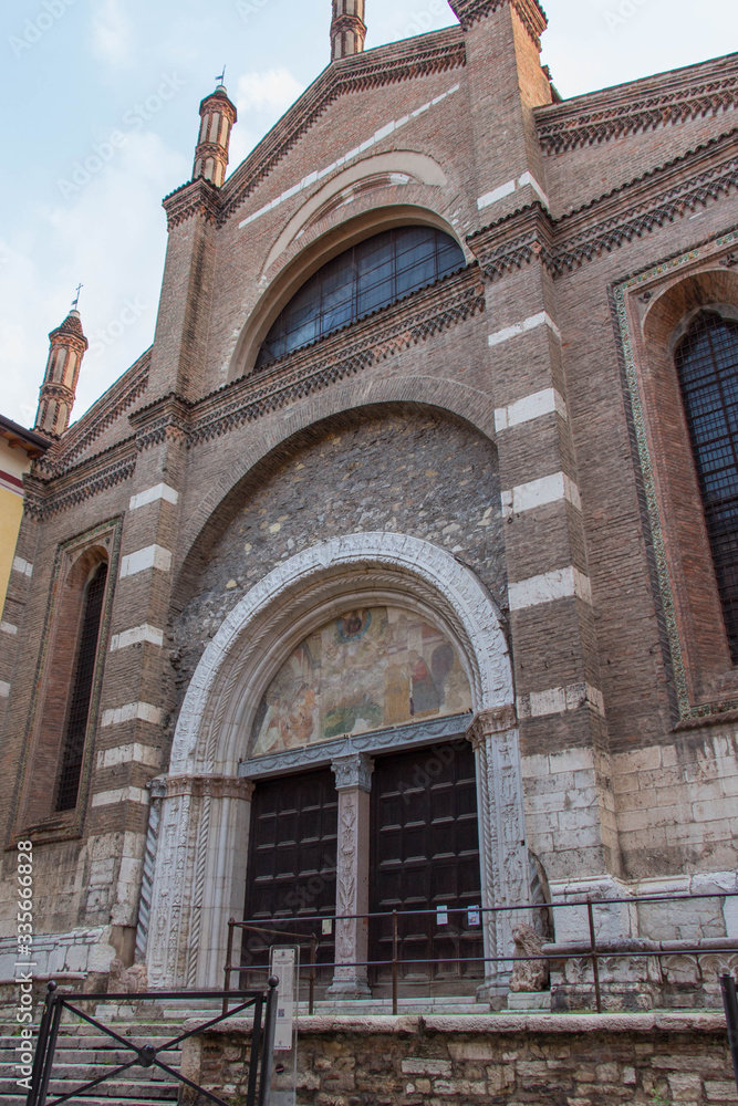 Facade of Santa Maria del Carmine Church in Brescia Old Town, Lombardy, Italy.