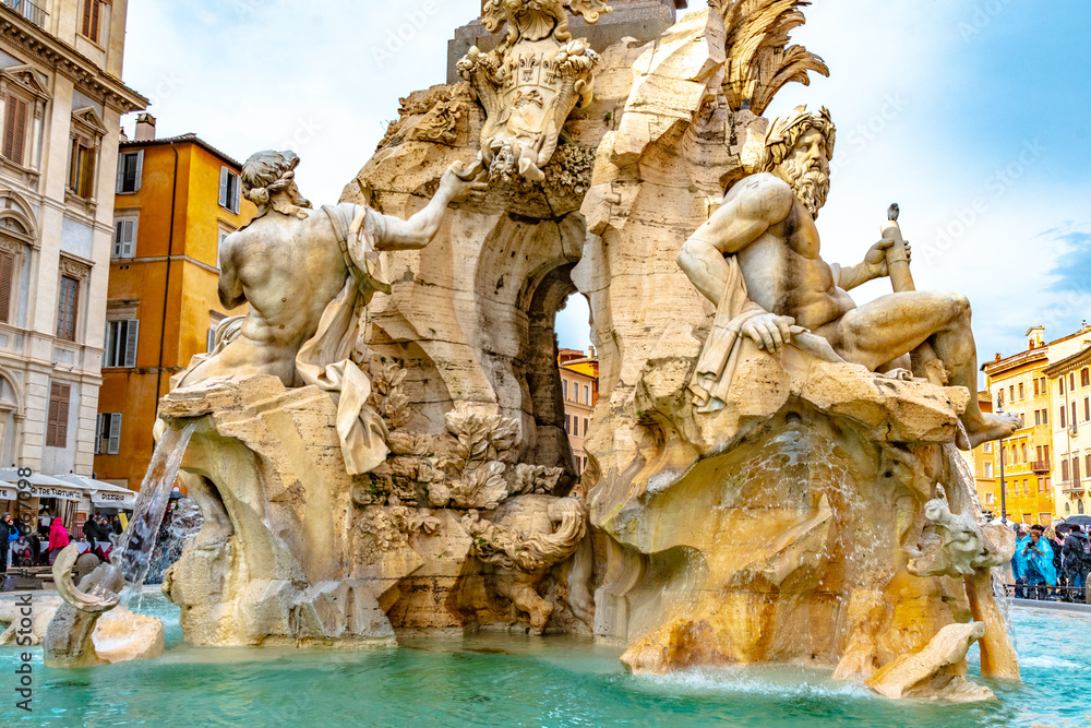 Rome, Italy. Fountain of Four Rivers (Fontana dei Quattro Fiumi) in Piazza Navona. 4 river gods sculptures of major rivers of papal authority continents. Nile, Danube, Ganges, Plata