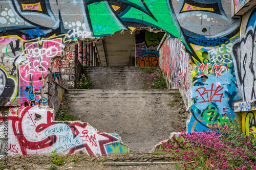 A huge hole in a graffiti covered wall leads to dirt steps with some wild flowers in the front of an abandoned building from Université Joseph Fourier in Grenoble France