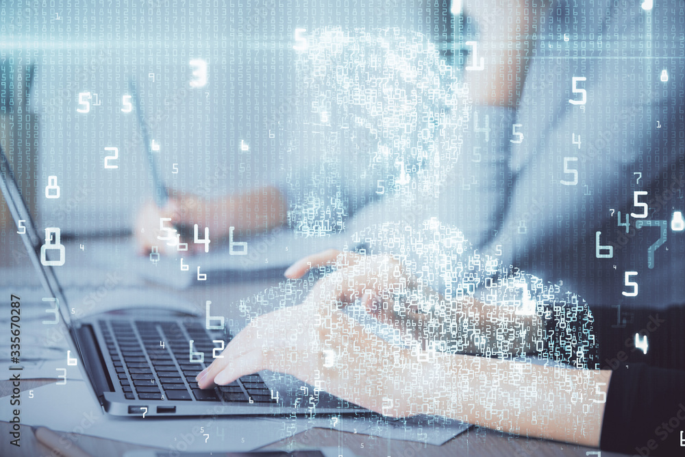 Double exposure of woman hands working on computer and data theme hologram drawing. Tech concept. Double exposure of woman hands working on computer and data theme hologram drawing. Tech concept.